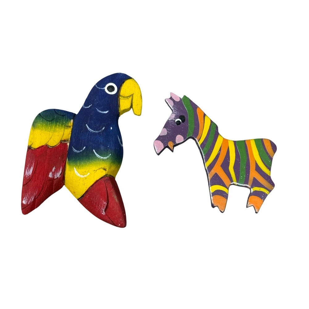 Hand Carved Wood Animal Magnets Colorful Bird‎ Zebra Costa Rica Decor